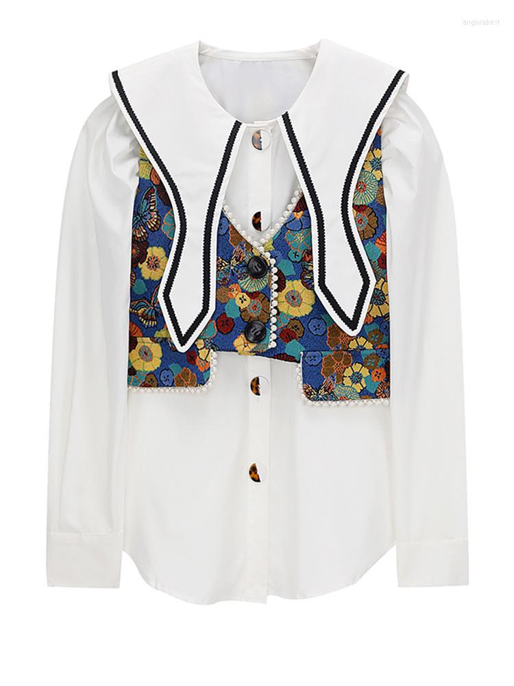 

Women' Blouses Women White Pleated Pattern Printed Big Size Blouse Lapel Long Sleeve Shirt Fashion Tide Spring Autumn 2023 M833, White shirt
