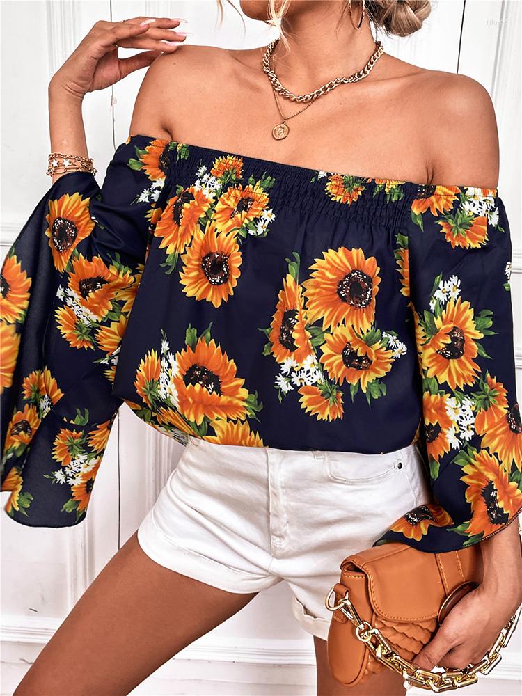 

Women's T Shirts Floral Loose Women Fashion Summer Boho Blouse Off Shoulder Tops Shirt Vintage Flare Sleeve Flower Top Tee, Black