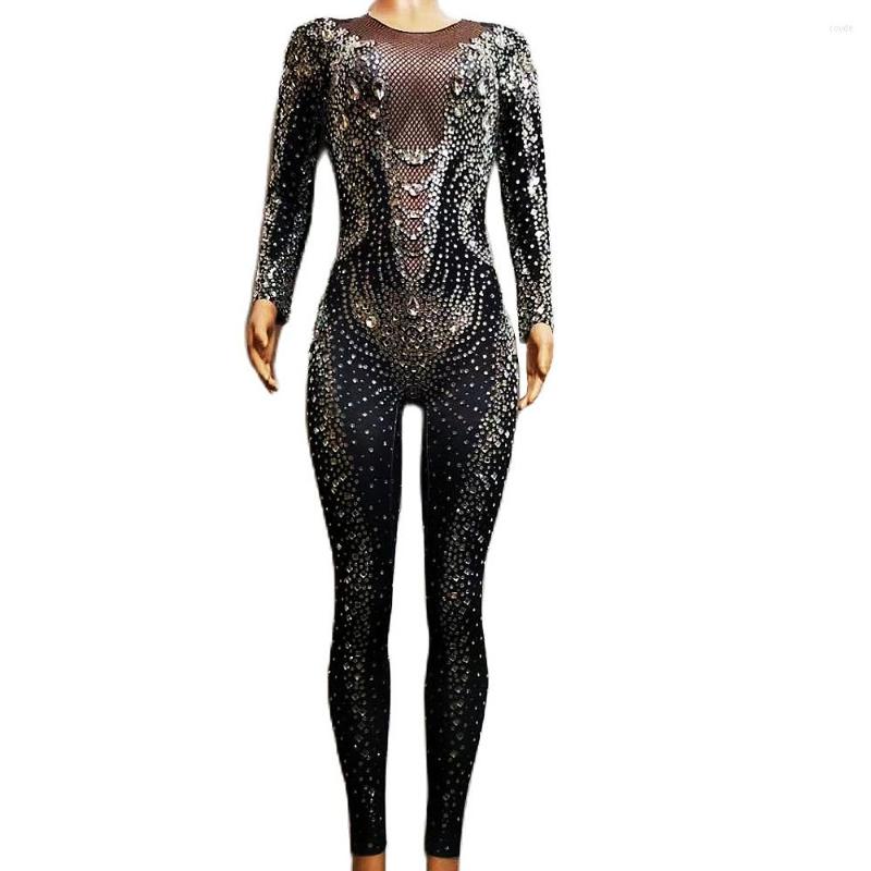 

Stage Wear Black Shining Rhinestones Crystal Long Sleeves Sexy Jumpsuits For Women Party Nightclub DJ Clothing Singer Costumes
