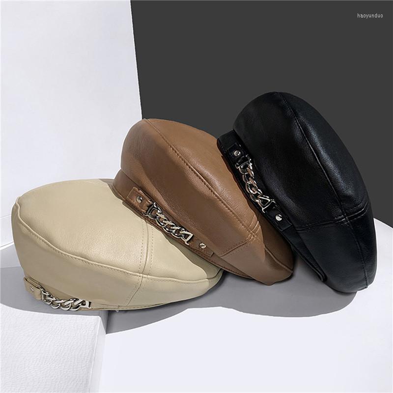 

Berets Vintage Women Beret Solid Cap Pu Leather Chain French Artist Warm Beanie Hat Female Ladies All-Match Adjustable, Beige