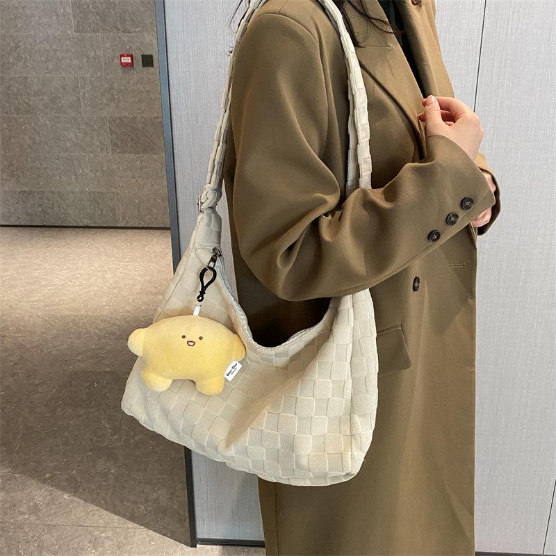 

Evening Bags Women Casual Large Capacity Plaid Tote 2023 Fashion Shoulder Checkered Crossbody Lattice Pendant Elegant, Beige