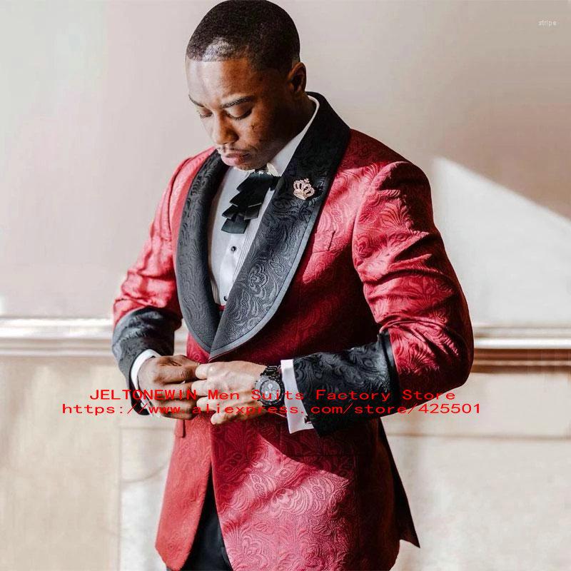 

Men's Suits 2023 Handsome Burgundy Floral Jacquard Prom Men With Pants Slim Fit Black Shawl Lapel Wedding Groom Tuxedo Male Clothes, Picture shown