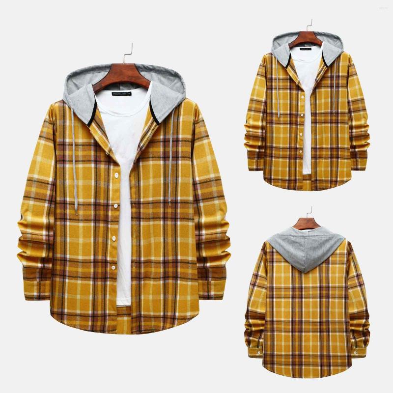 

Men' T Shirts Men Autumn And Winter Casual Shirt Plaid Print Hooded Collar Long Sleeve Blouse, Yellow