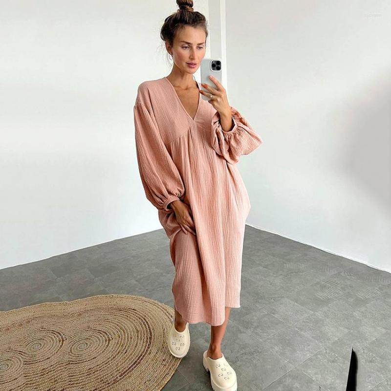 

Women' Sleepwear Elegant Long Sleeve Nightdress V Neck Solid Color Clothe Women Lace Up Confinement Pajamas Sexy Losse Female, White