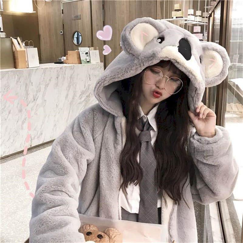 

Women' Trench Coats Plush Jacket Female Style Japanese Soft Girl 2023 Winter Cute Koala Ear Hooded Student Thickened Furry, Gray