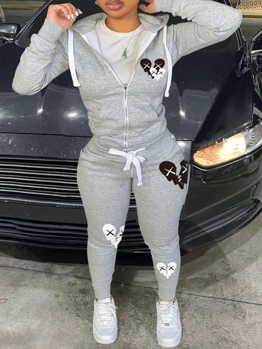

Women's Two Piece Pants LW Simple Set Women Casual Sporty Long Sleeve Zipper Design Top Hooded Collar Broken Heart Print Female Tracksuit 230414, Light grey