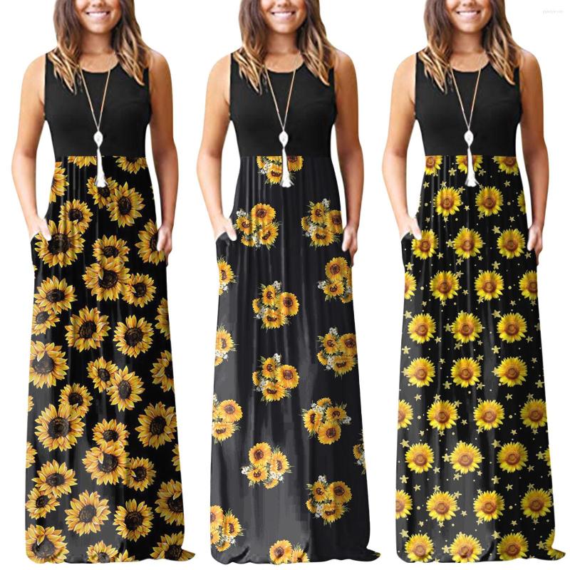 

Casual Dresses Women' Sleeveless Pocket Floral Printing Beach Long Maxi Loose Dress