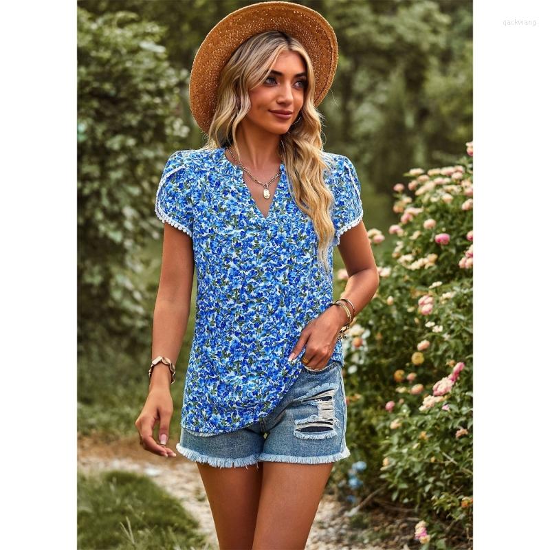 

Women' T Shirts Women Summer Pompom Lace Trim Short Petal Sleeve T-Shirts Blouses Casual Loose V-Neck Floral Printed Pullover Tunic Tops, Black