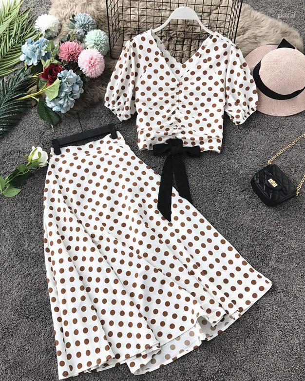 

Work Dresses 2023 Summer Fashion Women Casual V Neck Polka Dot Print Bow-tie Short Top Blouse A Line Below Knee Skirt 2pcs Sets, Black