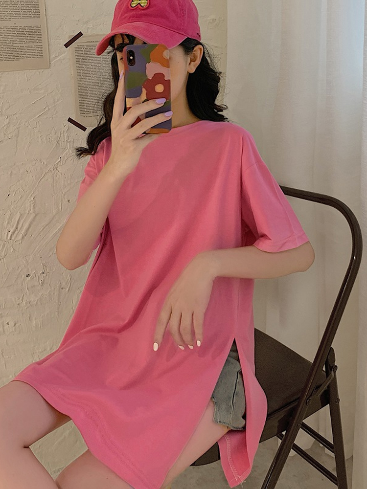 

Women's T-Shirt summer Arrival cotton tee fashion solid large size T shirt Split Side White pink Long Tshirt O-Neck basic Women t-shirts top 230414, Xian 127 meifen