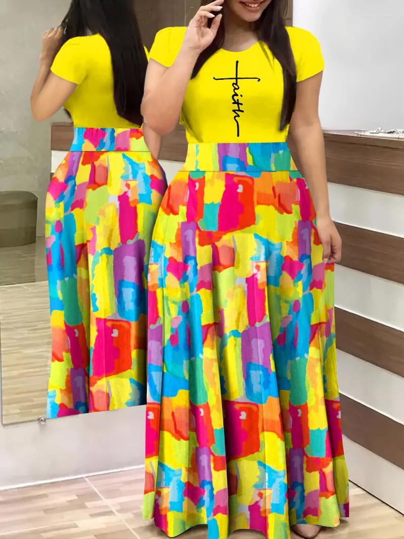 

Casual Dresses 2023 Summer Temperament Commute Digital Printing Short Sleeve High Waist Loose And Comfortable Long Dress, Yellow