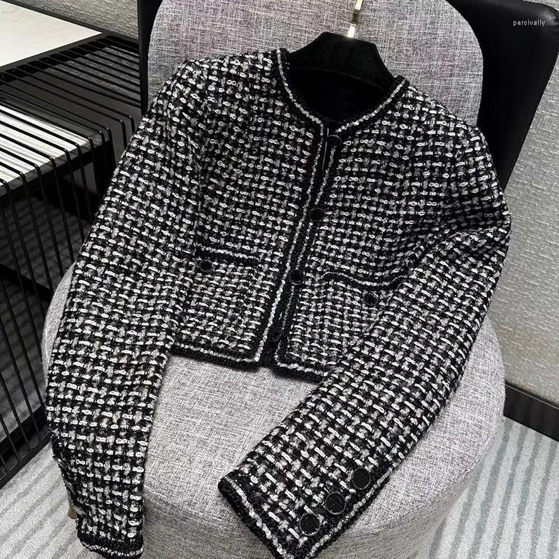 

Women's Jackets 2023 Spring High Quality Fashion Gradient Charcoal Grey Tweed For Women O-Neck Long Sleeve Elegant Vintage Coats Female, Picture shown
