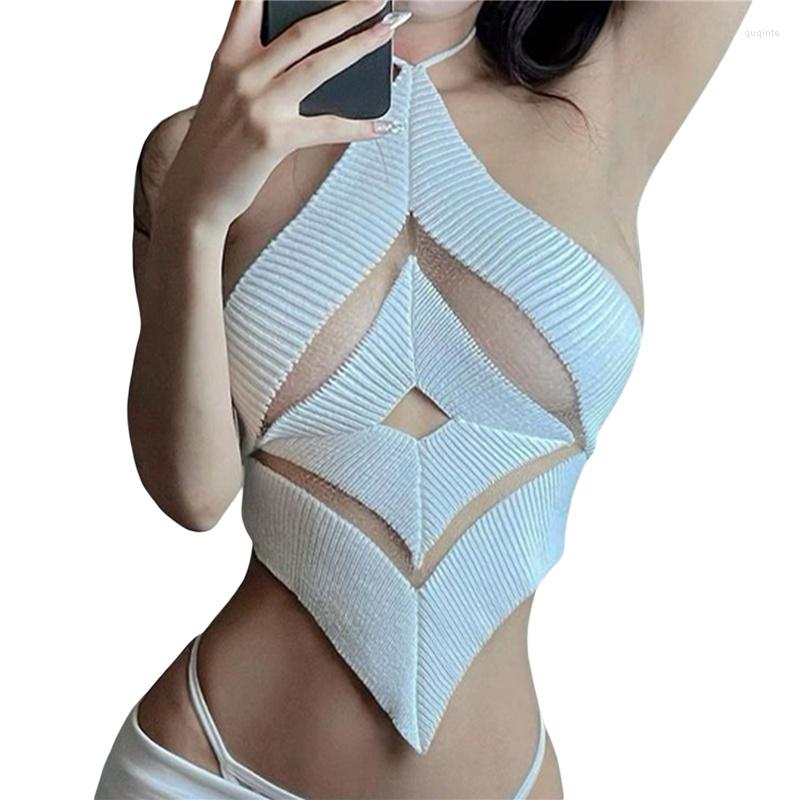 

Women' Tanks Women Halterneck Backless Crop Tops Summer Sleeveless Hollow Out See-through Patchwork Knit Vest Club Streetwear, Black
