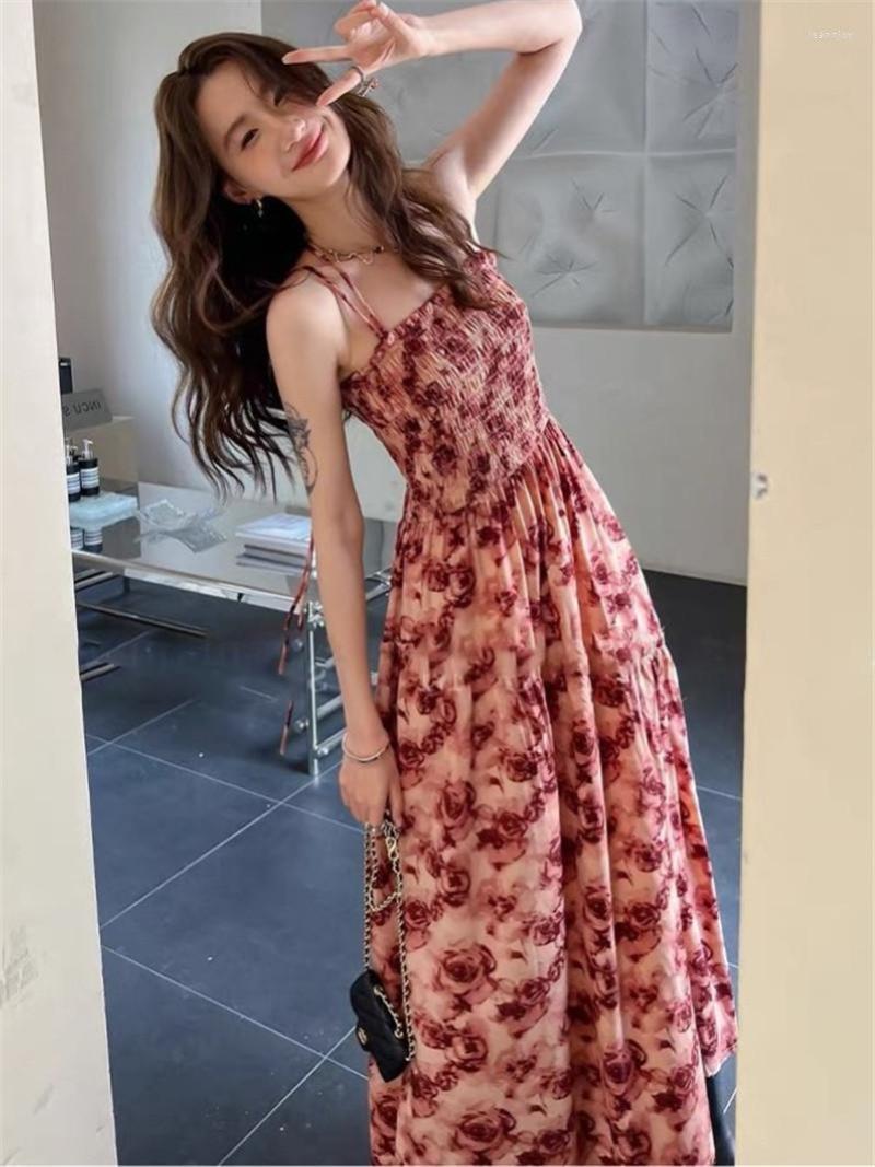 

Casual Dresses 2023 Summer Women' Dress French Sexy Retro Rose Ankle-Length Romantic Temperament Design Sense Elegant Vestidos, Black
