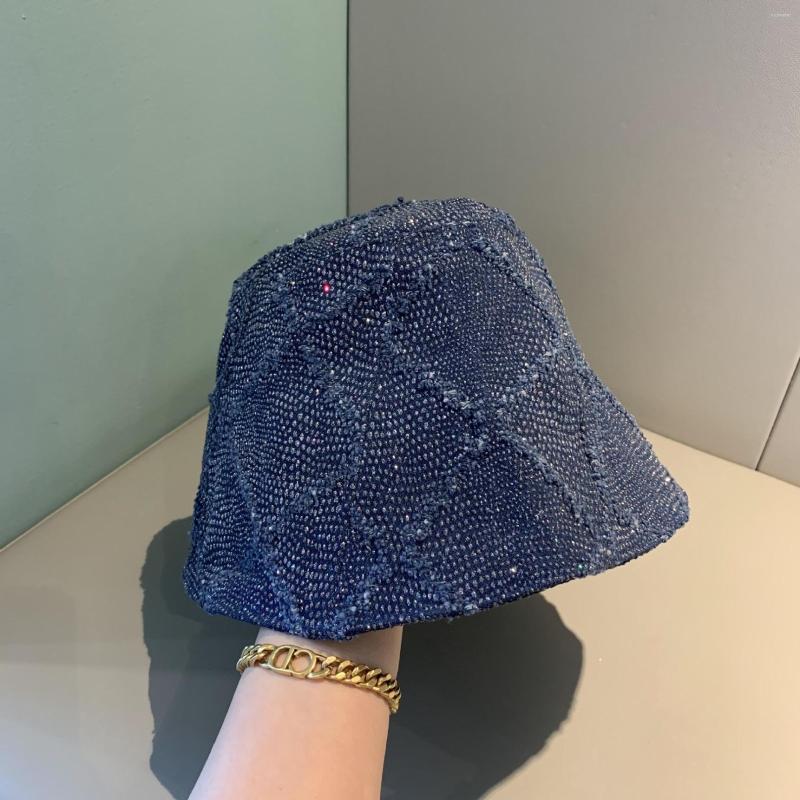 

Berets Stylish Designer Shiny Diamond Casual Hat Spring And Summer Wash Denim Fisherman Youth Versatile Street Pot, Blue