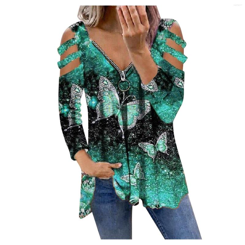 

Women' Blouses Sexy Butterfly Print Spring Autumn Women Zip V-Neck Blouse Off-The-Shoulder Long-Sleeve Shirts Tops Casual Loose, Light blue