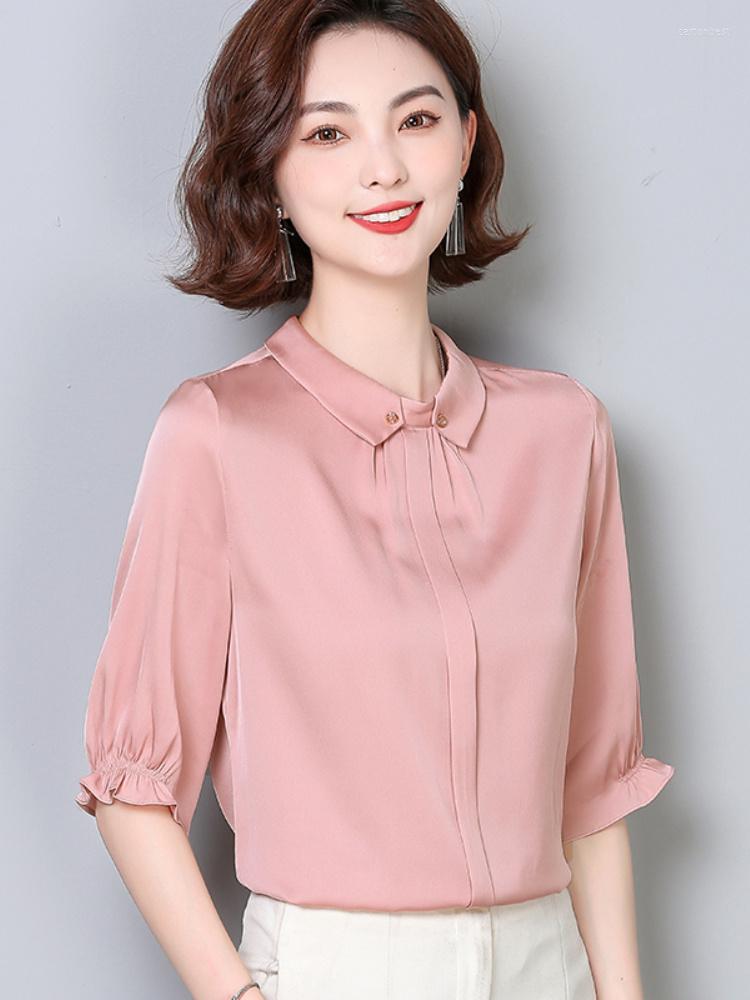 

Women's Blouses 2023 Fashion Summer Satin Blouse Silk Womens Tops And OL Women Clothing Office Lady Solid For Ladies, Green