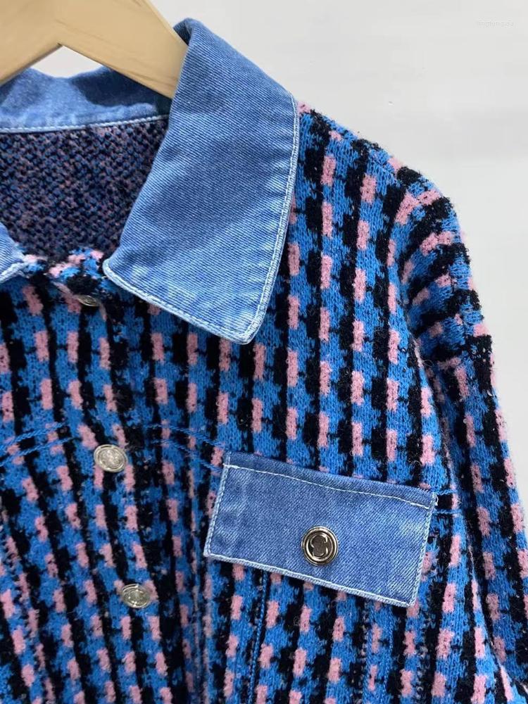 

Women' Tracksuits Women Bird Lattice Knit Two-piece Sets 2023 Spring Summer Houndstooth Splicing Denim Cardigan Coat With Shorts Fashion, Kno0693-2 shorts