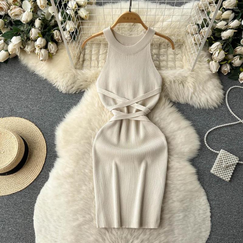 

Casual Dresses Summer Sexy Wrapped Hip Skirt Slim Fit And Design Cross Strap Knit Neck Dress, Black