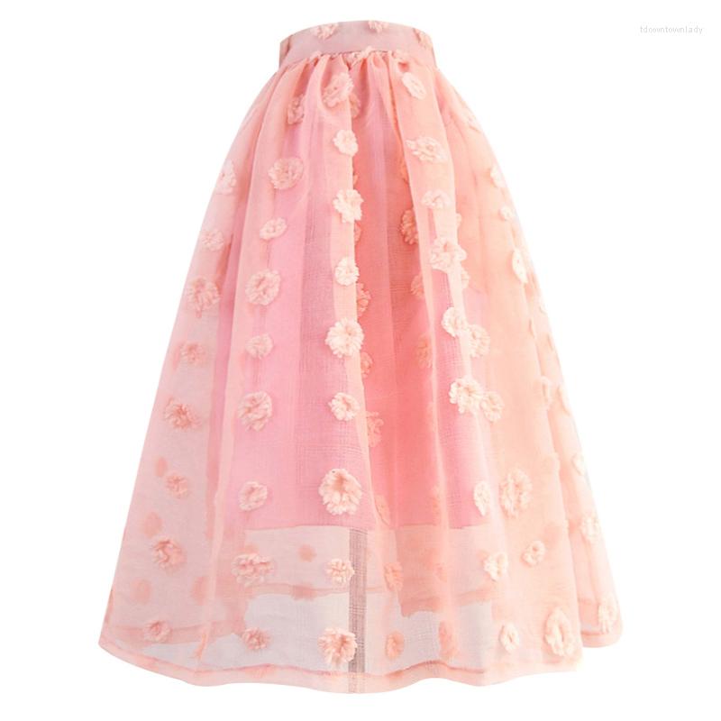 

Skirts 2023 Spring Summer Women Korean Clothing Elegant Sweet Flower Embroidery High Waist Long Mesh Tulle Skirt Pink Blue Y2k Fashion, 01