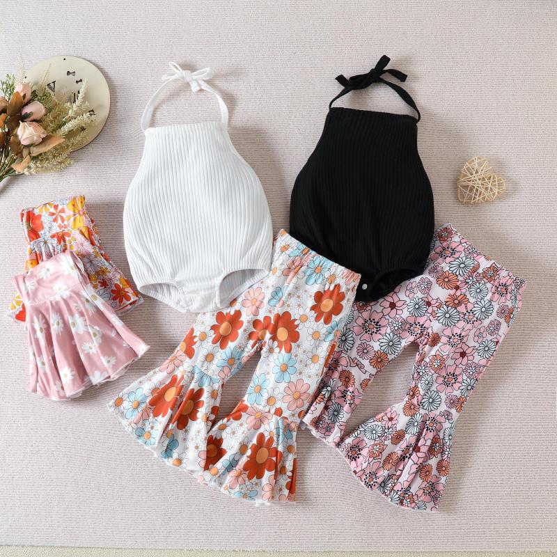 

Clothing Sets Infant Baby Girls Summer Clothes Suit Solid Color Ribbed Halter Neck Romper Elastic Waist Flower Flare Pants