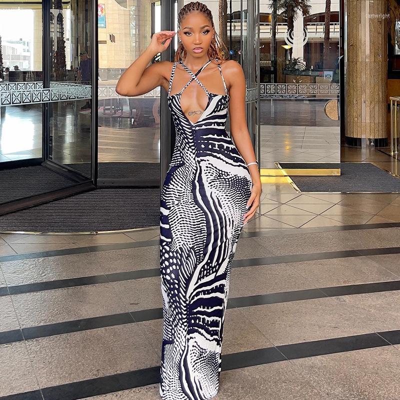 

Casual Dresses Sexy Sleeveless Elegant Cut Out Slim Fit Maxi Dress Women Printed Wrap Robe 2023 Summer Boho Night Club Fairy Grunge Clothes, Picture color