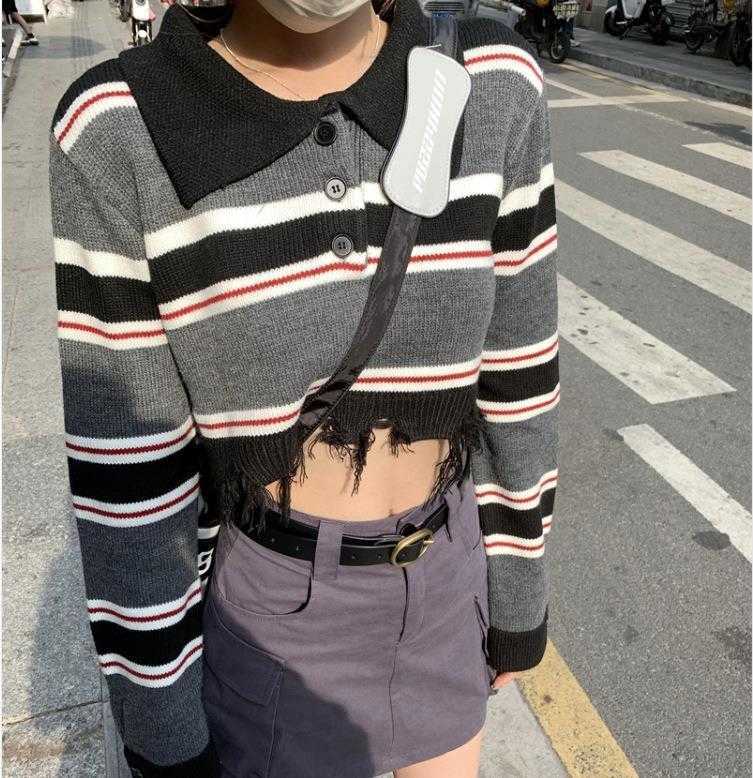 

American Vintage Stripe Sweater Womens Short Outer Wear Idle Style Polo Collar, Apricot