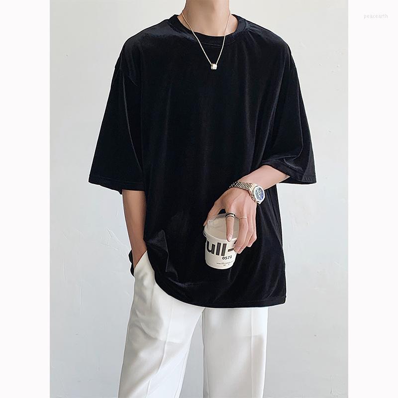 

Men's T Shirts Summer Short Sleeve T-shirt Men Fashion Casual Oversized Velvet Tshirt Streetwear Korean Loose Round Neck Shirt Mens Top, Black