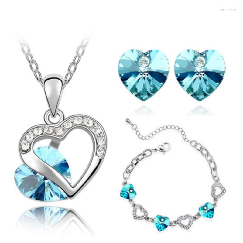 

Necklace Earrings Set Drop Quality Women Austrian Crystal Double Heart Pendant Earring Mix Fashion Jewelry Setlovers Gift, Picture shown