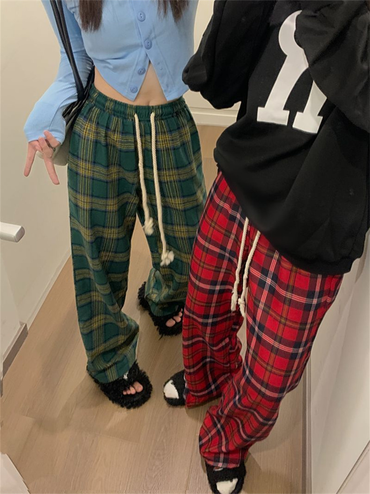

Women's Pants s QWEEK Korean Fashion Red Plaid Women Y2K Vintage Green Oversized Wide Leg Checkered Trousers Harajuku Jogging Sweatpants 230413