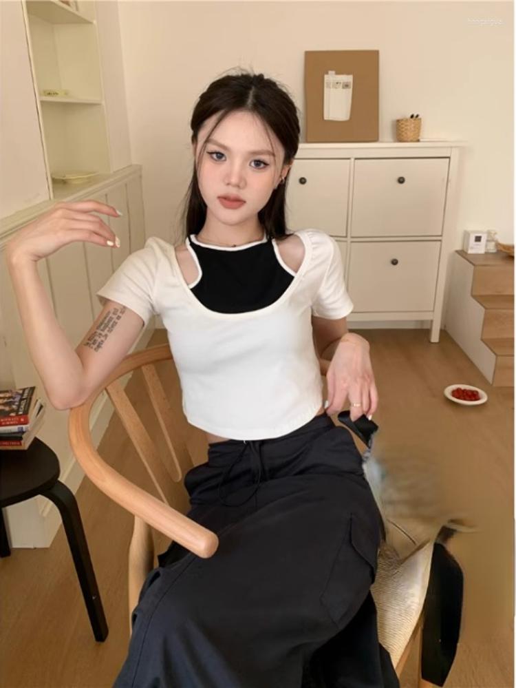 

Women's T Shirts Fake Two Pieces 2023 Summer All Match Halter Slim Cropped Top Women Contrast Color T-shirts Short Sleeve Harajuku Fashion, Black