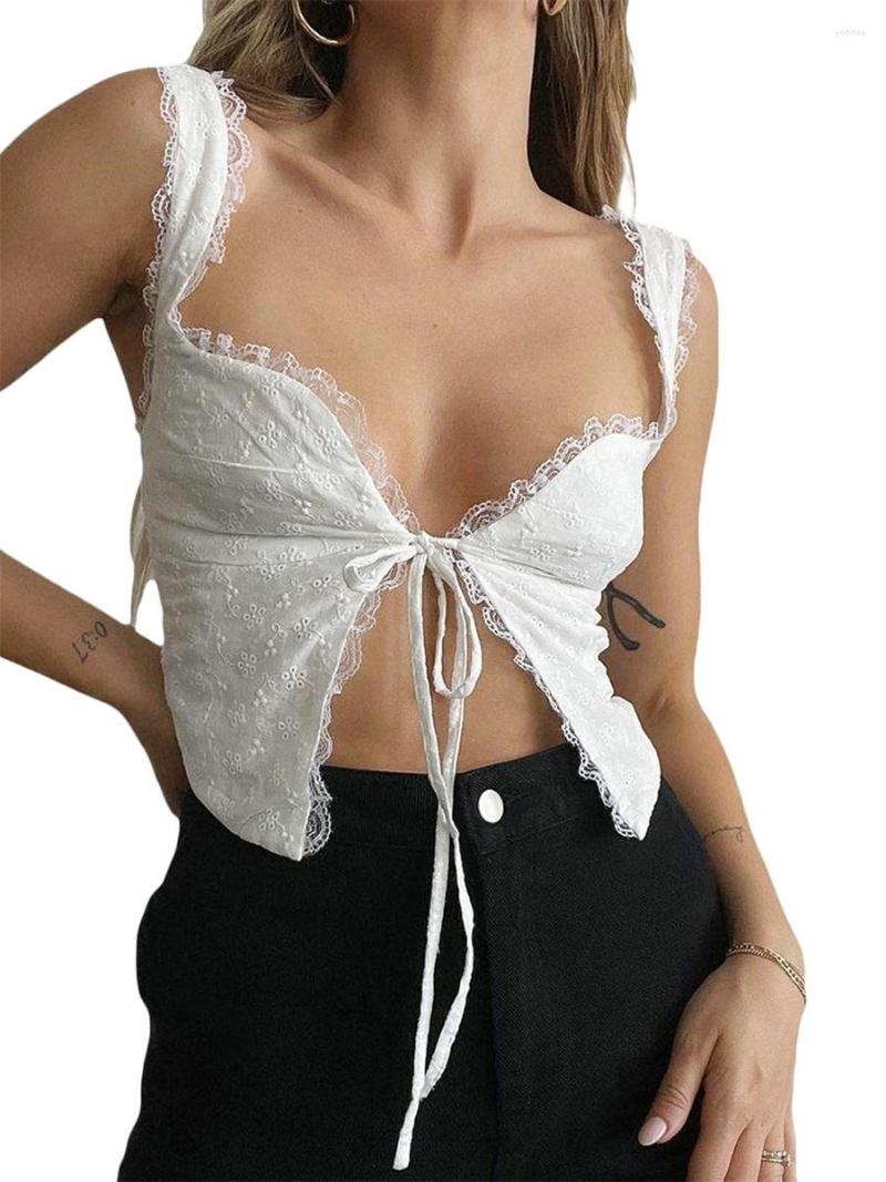 

Women' Tanks Ladies 2023 Summer White Cropped Tank Top Lace Trim Low Cut Sleeveless Front Ties Camisole