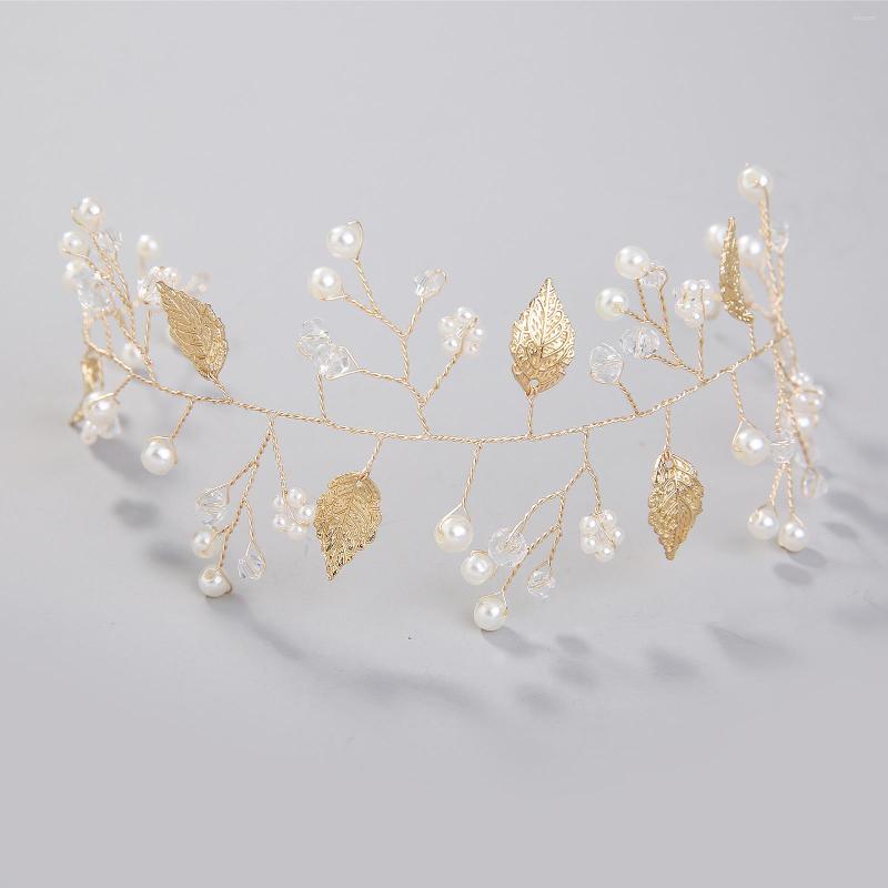 

Hair Clips Bridal Hairband Wedding Accessories Girls Pearl Golden Leaves Tiaras Hoop Princess Headdress Jewelry Party Gifts