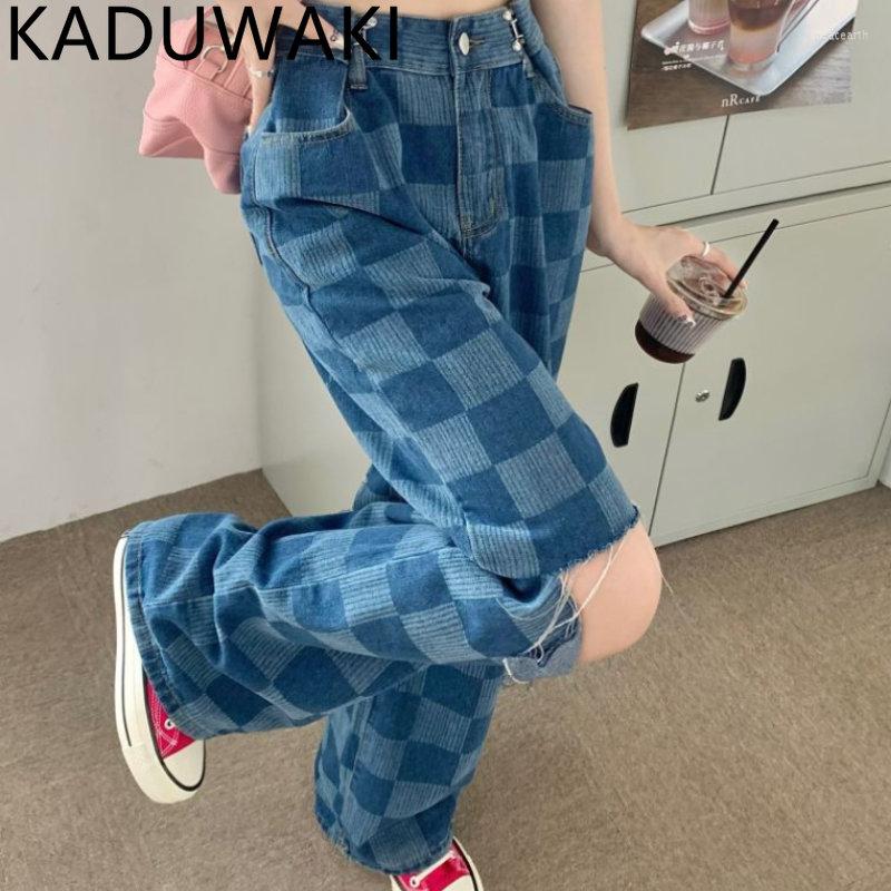 

Women's Jeans Y2K High Waist Plaid Denim Pants Women Fashion Streetwear Graphic Baggy For Street Kpop Punk Hippie Trousers, Blue