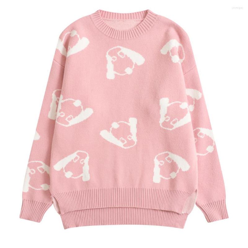 

Women's Sweaters Korean Women's Pullover Knit Jumper Top O Neck Long Sleeve Sliped Hem Cartoon Puppys Ladies Knitwears Sweater Pink, Beige