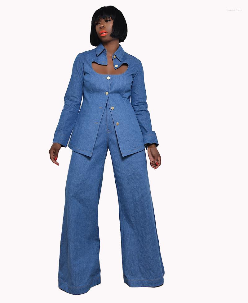 

Women's Two Piece Pants Fashion Autumn And Winter Women's Lapel Solid Color Long Sleeve Hollow Button Loose Casual Wide Leg Jeans Suit, Blue