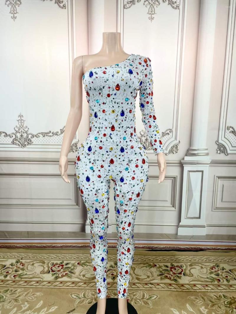 

Stage Wear Stunning Gogo Jumpsuits Dancer DJ Women Drag Queen Outfit Single Shoulder Rhinestone Gems Sexy Romper, Normal version
