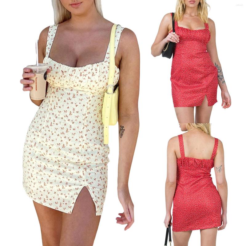 

Casual Dresses Summer Women' Sexy Mini Dress Sleeveless Ruched Bust Floral Print Split Bodycon Tank, Red
