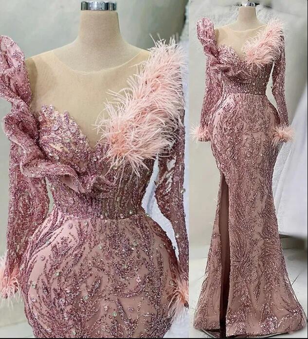 

Rose Gold Long Sleeve Aso Ebi Prom Dresses Modern Gillter Beaded Feather Evening Occasion Gown robes de soirEes femmes