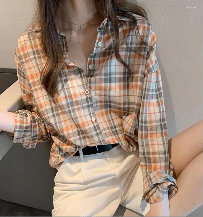 

Women's Blouses Women's Fashion Korean Retro Grid Shirt Casual Long Sleeve Top Floral Sun Block Summer Female Clothes Ladies Beach Blous, Orange