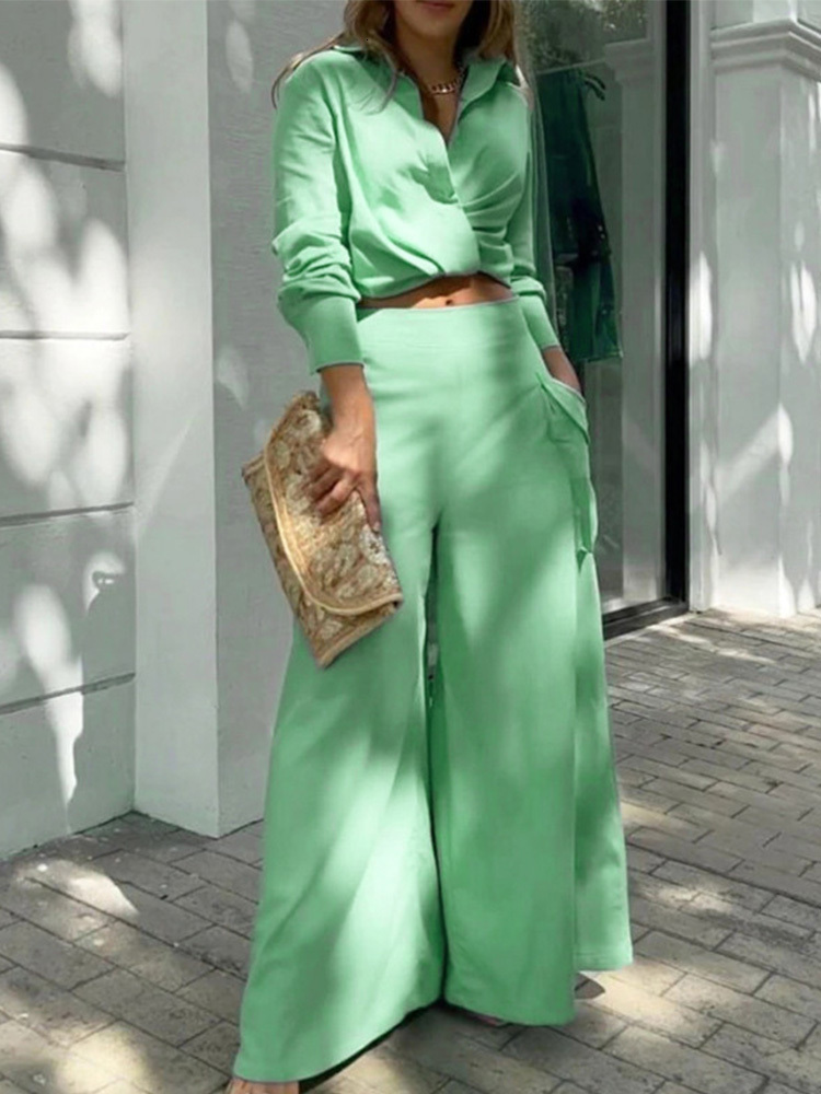 

Women's Two Piece Pants Foridol Shirt Long Suits 2 Set Women Sleeve Wide Leg Casual White Spring Summer Outfits 230414, Light green