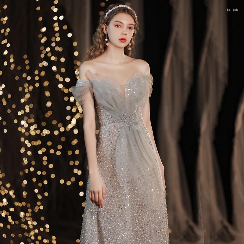 

Ethnic Clothing Elegant Grey Sparkly Exquisite Sequins Evening Dress Women Fairy Off Shoulder Prom Party Gowns