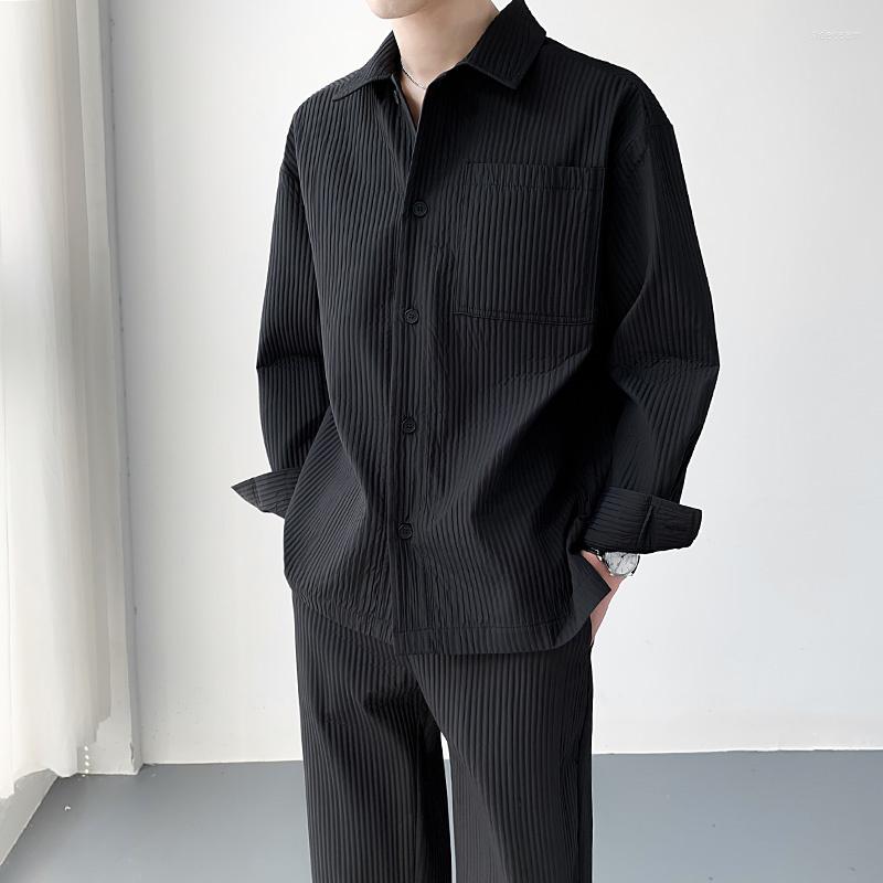 

Men's Tracksuits Spring/Summer Pleated Set Men Fashion Social Mens Dress Korean Long Sleeve Shirrousers Two Piece Ice Silk Suit, Black