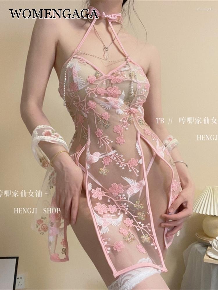 

Casual Dresses WOMENGAGA Fairy Pink Sexy Embroidery Flowers Cheongsam Mini Dress Fashion Transparent Halter Neck Nightdress Korean Sweet