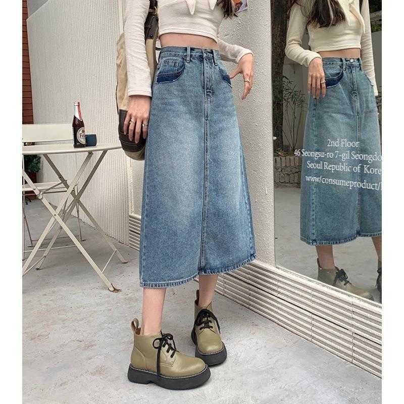 

Design Sense Niche Contrast Color Denim Skirt Womens Retro Washed High Waist, Blue