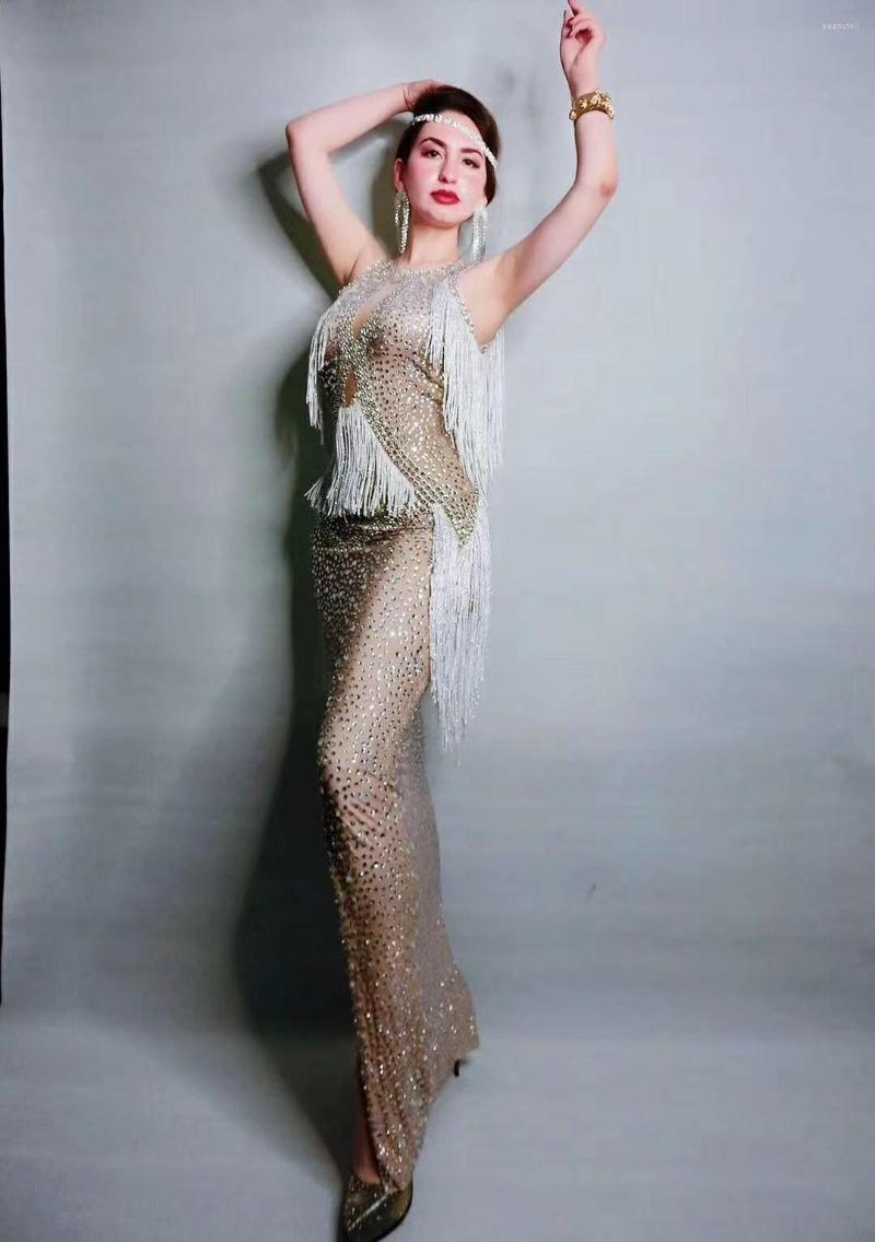 

Stage Wear Sleeveless Shining Gold Rhinestones With Tassel Long Split Dress For Women Evening Banquet Clothing Singer Costumes