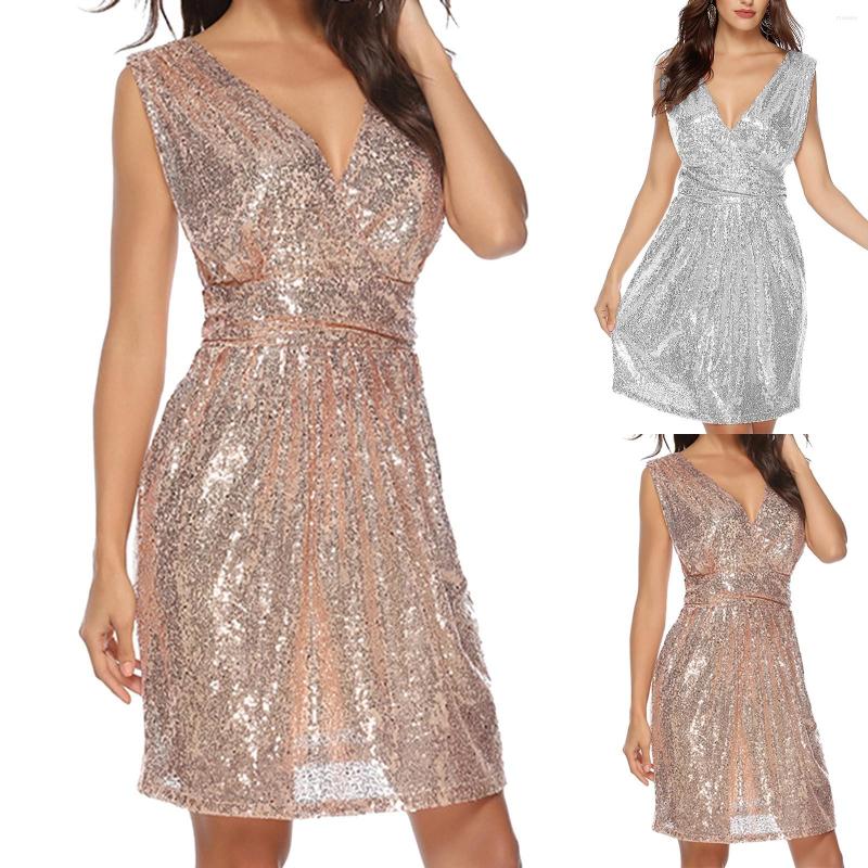 

Casual Dresses Woman Sequined Sexy Dress Ladies Party Club Evening Robe Femme Sleeveless V Neck Spaghetti Straps Vestidos, Pink