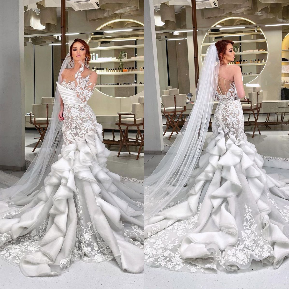 

One Shoulder Lace Mermaid Wedding Dresses Luxurious Tiered Ruffles Ruched Bridal Gowns Custom Made Illusion Dress Vestido De Novia, Light yellow