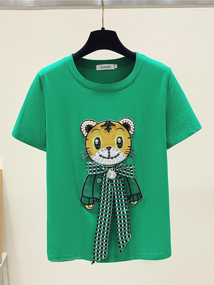 

Women' T Shirts High Quality Diamonds Beaded Bow Embroidery T-Shirt Women' Harajuku 2023 Summer Short Sleeve O Neck Cotton Cartoon Top, Green