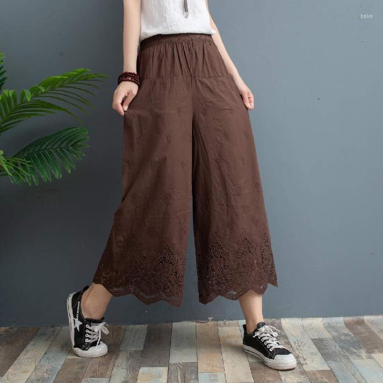 

Women's Pants Early Spring Literature Hollow Out Lace Cotton Linen Wide Leg Loose Retro Cropped Trousers Women, White
